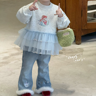 加绒牛仔裤 女童粉加绒拼接卫衣5258 5205 25秋冬 橙小七