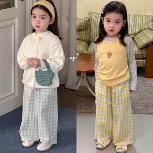Opao 6110女童2026春款刺绣花边格子阔腿裤