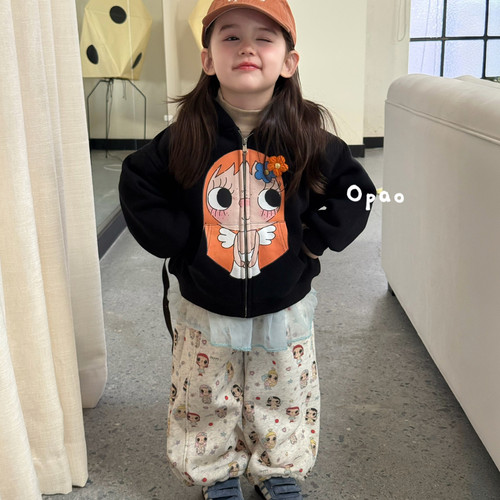 Opao 26冬 女童印花加绒拉链连帽外套5153 卡通满印加绒卫裤6067