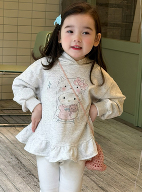 橙小七 26117女童2026春款灰色Kitty印花卫衣裙