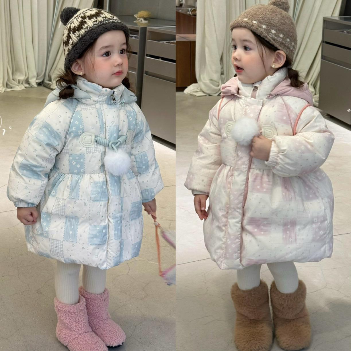 橙小七 5505冬款女童可爱90白鸭绒格子连帽中长款羽绒服