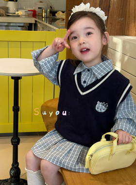 苏右 女童2026春款蓝色格子连衣裙561079 针织马甲561211