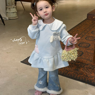 加绒牛仔裤 女童粉色娃娃领卫衣裙5208 5205 25秋冬 橙小七