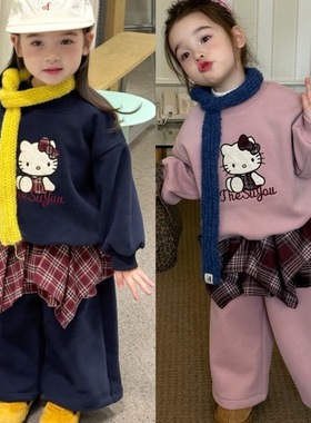 苏右 25冬 65163女童kitty圆领格子屁帘加绒卫衣套装