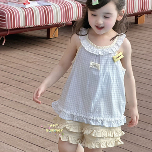 26夏AH 女童蓝色格子无袖娃娃衫77116 黄色短裤77165