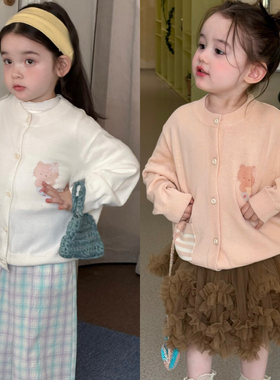 Opao 81804女童2026春款可爱猫咪针织毛衣开衫