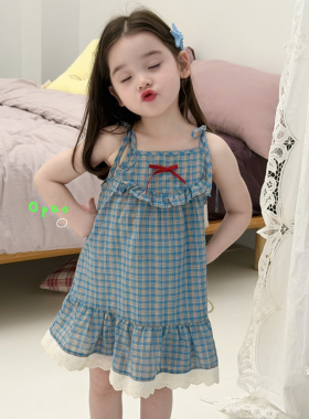 26夏 opao 8017女童轻薄蓝色格子吊带裙连衣裙