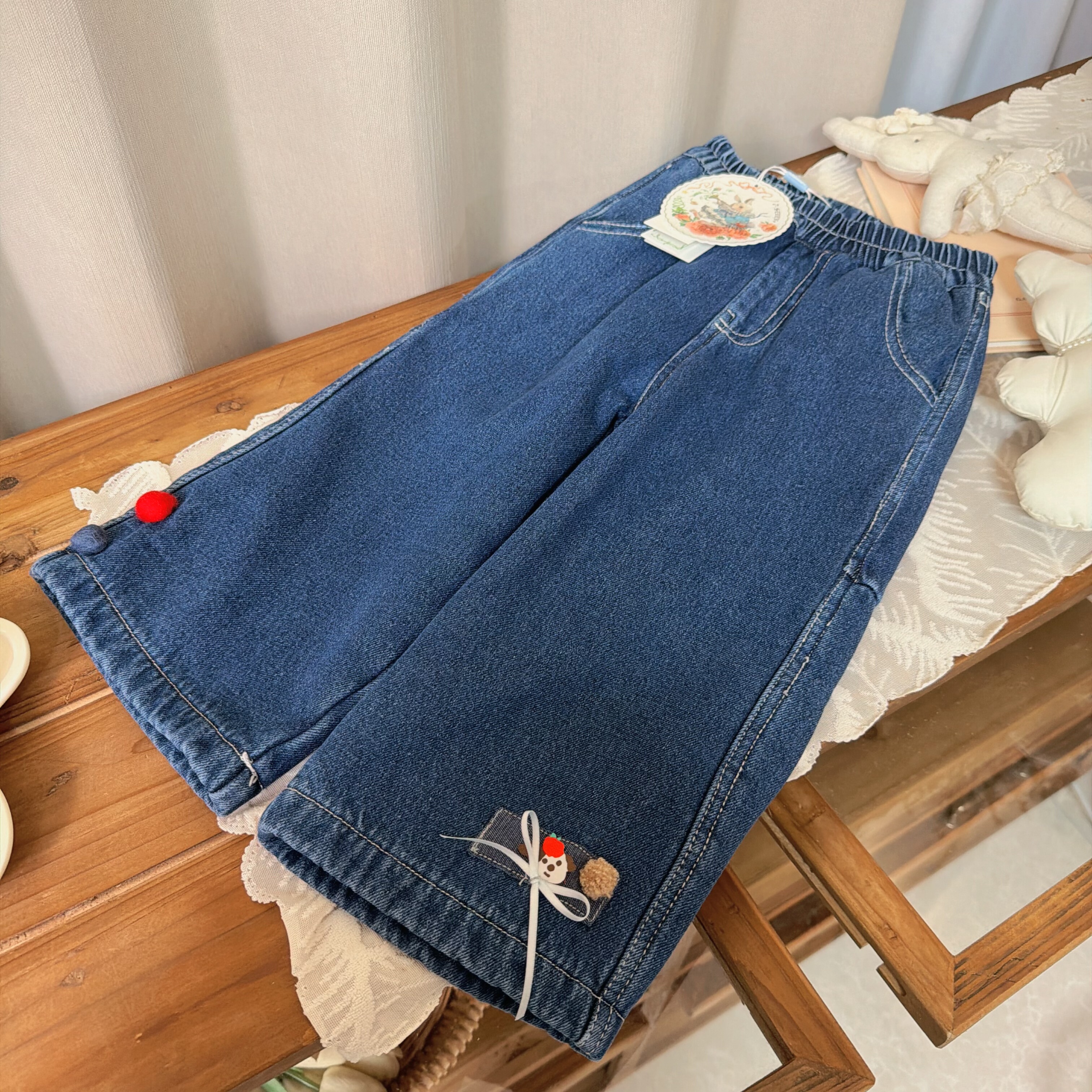 7seven 25冬 9246女童卡通贴布加绒牛仔裤直筒裤