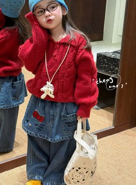 橙小七 25秋冬 女童灰色翻领毛衣5275 屁帘加绒牛仔裤5255