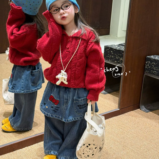 屁帘加绒牛仔裤 女童灰色翻领毛衣5275 5255 25秋冬 橙小七