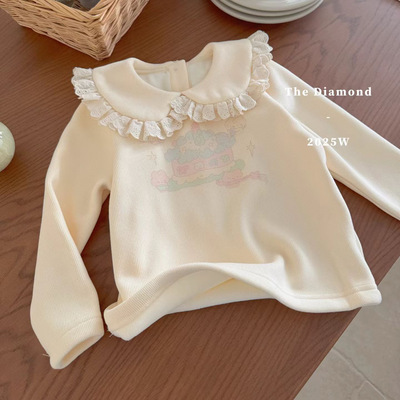 Opolala 25冬 7057女童可爱娃娃领刺绣花边拼接加绒打底衫