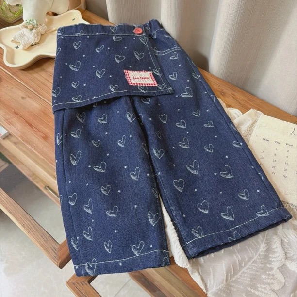 釉兮25冬女童爱心牛仔裤韩版洋气一体绒屁帘直筒裤3095