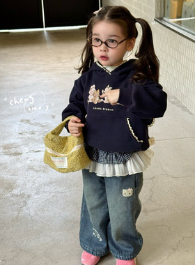 橙小七 25秋冬 女童深蓝卡通加绒连帽卫衣5269 屁帘加绒裤5253