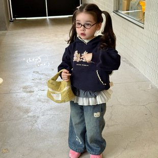 屁帘加绒裤 女童深蓝卡通加绒连帽卫衣5269 5253 25秋冬 橙小七