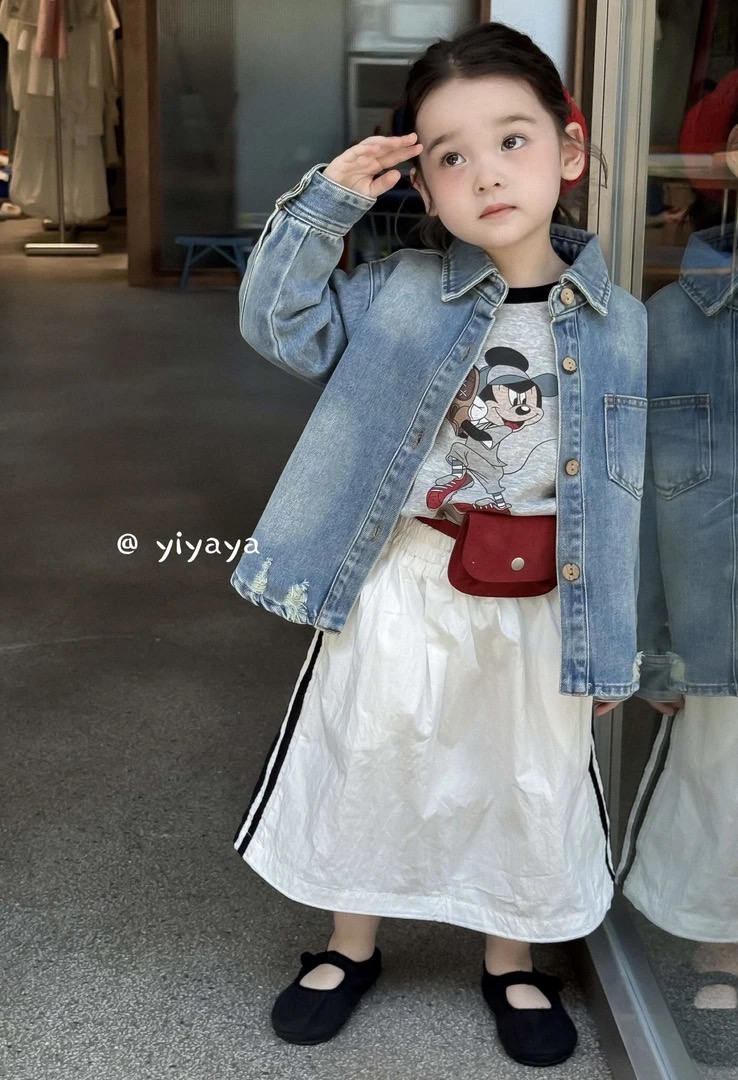 yiyaya女童套装2025秋款破洞牛仔外套1159+卡通T恤1199+半裙1157