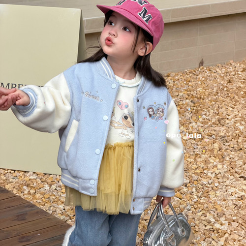 Opolala 26冬～82089女童蓝色卡通刺绣加厚棒球服外套