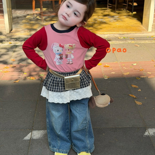 Opao 26秋 5033女童卡通kitty拼色长袖T恤