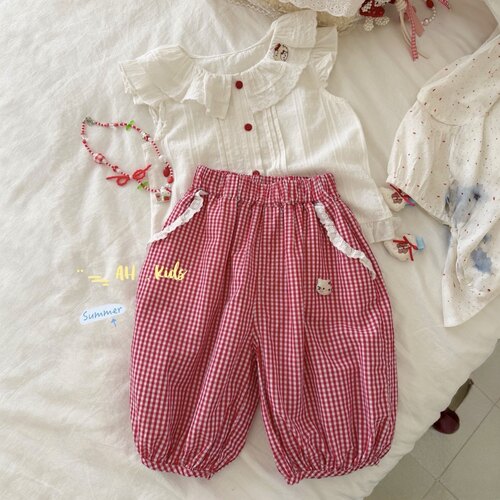 26夏AH 女童娃娃领上衣77179  九分格子灯笼裤77239