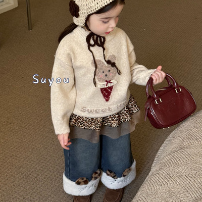 苏右 25冬65071女童韩版米色小兔套头毛衣