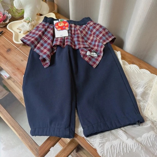 釉兮25冬女童格子屁帘工装裤加绒牛仔休闲裤5233