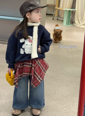 苏右 25冬 女童韩系深蓝Kitty贴布刺绣加绒卫衣65056