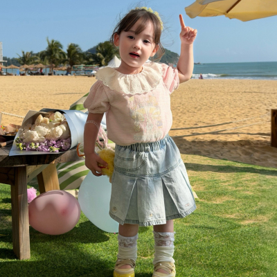 26夏 橙小七 女童卡通花边领短袖26237 牛仔短裙26270