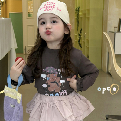 Opao 6079女童2026春款咖色小熊印花假两件长袖T恤