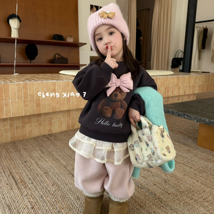 橙小七 26冬~女童粉色小熊加绒卫衣+屁帘加绒裤两件套26969