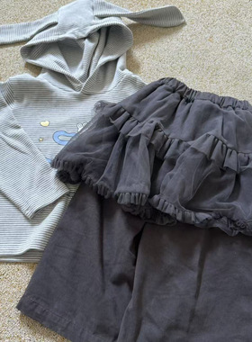 小鹿慕水女童套装25秋款条纹兔耳朵连帽外套95514+休闲裙裤95515