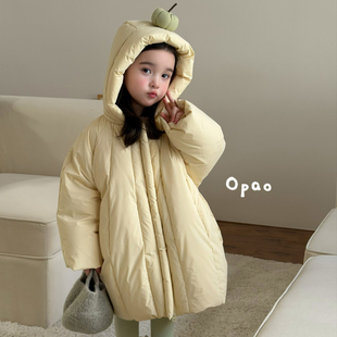 Opao 26冬 女童黄色苹果连帽中长款羽绒服外套5001