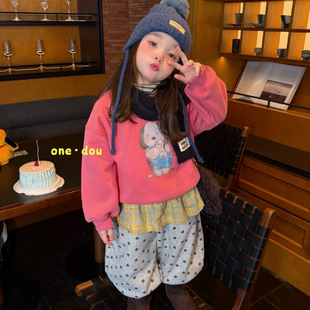 One 豆 26冬～女童粉色卡通加绒卫衣6980 灰色波点加绒卫裤6968