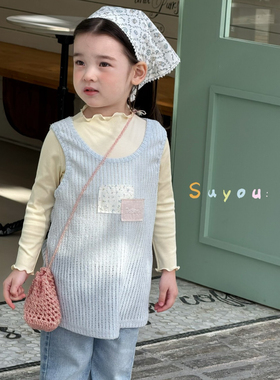 苏右 561158女童2026春款黄色打底衫+蓝色镂空背心裙套装