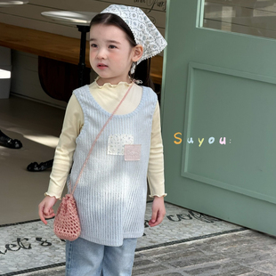 苏右 561158女童2026春款黄色打底衫+蓝色镂空背心裙套装