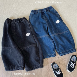 8003男童深蓝一体绒加绒加厚牛仔裤 小屁股 25冬