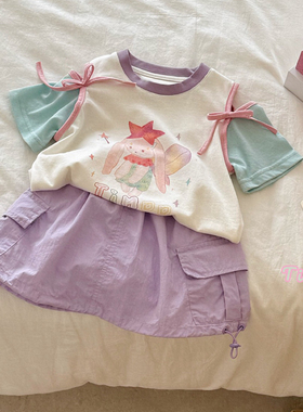 26夏 Timoo 女童露肩卡通短袖6725 紫色半裙7186