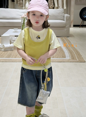 26夏 kiai 女童黄色假两件短袖862170 牛仔中裤812130