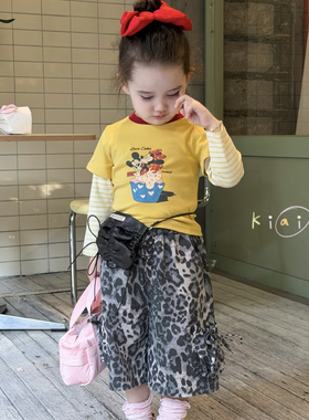 kiai 26春款女童米奇假两件长袖T恤861012 豹纹裤861011