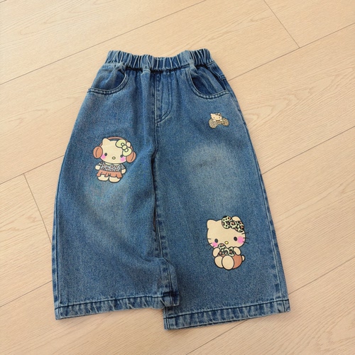 AM . 26秋 ~ 66077女童豹纹kitty深蓝天丝牛仔裤阔腿直筒裤
