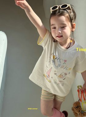 26夏 Timoo 女童中长款kt短袖6605 条纹中裤7006