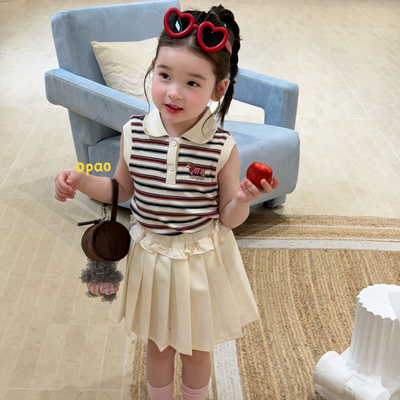 Opao•26夏~女童条纹小狗背心6666 米色花边百褶裙6708