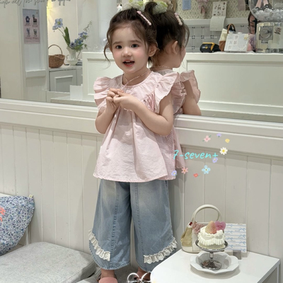 26夏 7seven 女童粉色小飞袖娃娃衫3566 牛仔九分裤3213