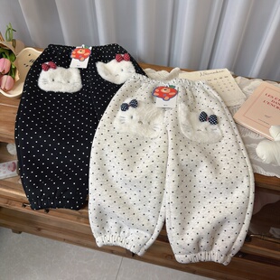 5398女童加厚800克羔羔毛圆点口袋kitty卫裤 釉兮 25冬
