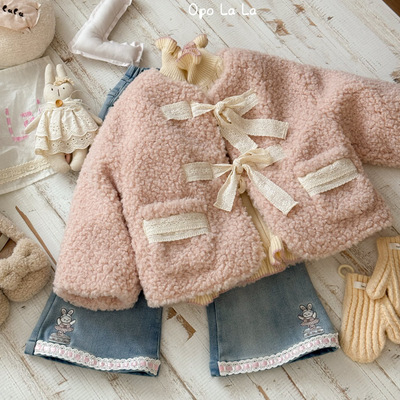 Opolala 25冬 7061女童韩系刺绣花边蝴蝶结粉色毛毛加厚外套
