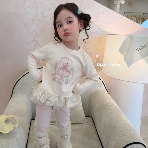 Opolala 26冬~女童小熊印花花边上衣82061 小兔子加绒打底裤82097