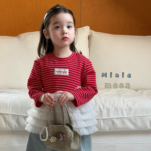 小月亮 26春 62001女童红色条纹拼纱上衣T恤