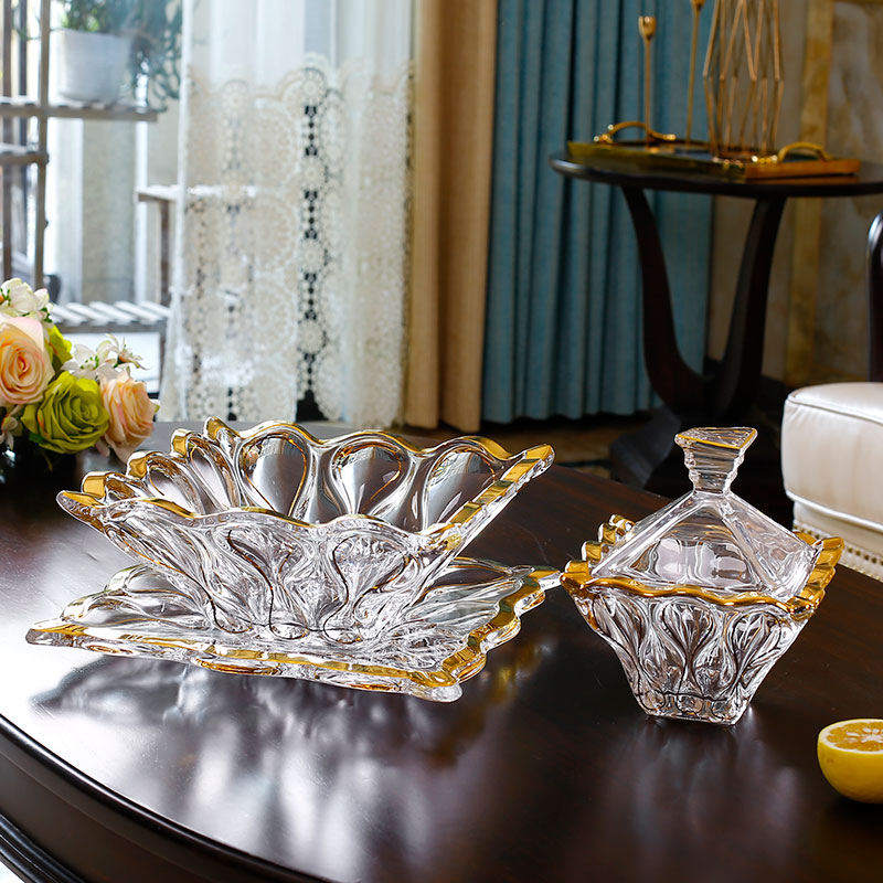 点特描金水晶玻璃欧式四方水果盘
