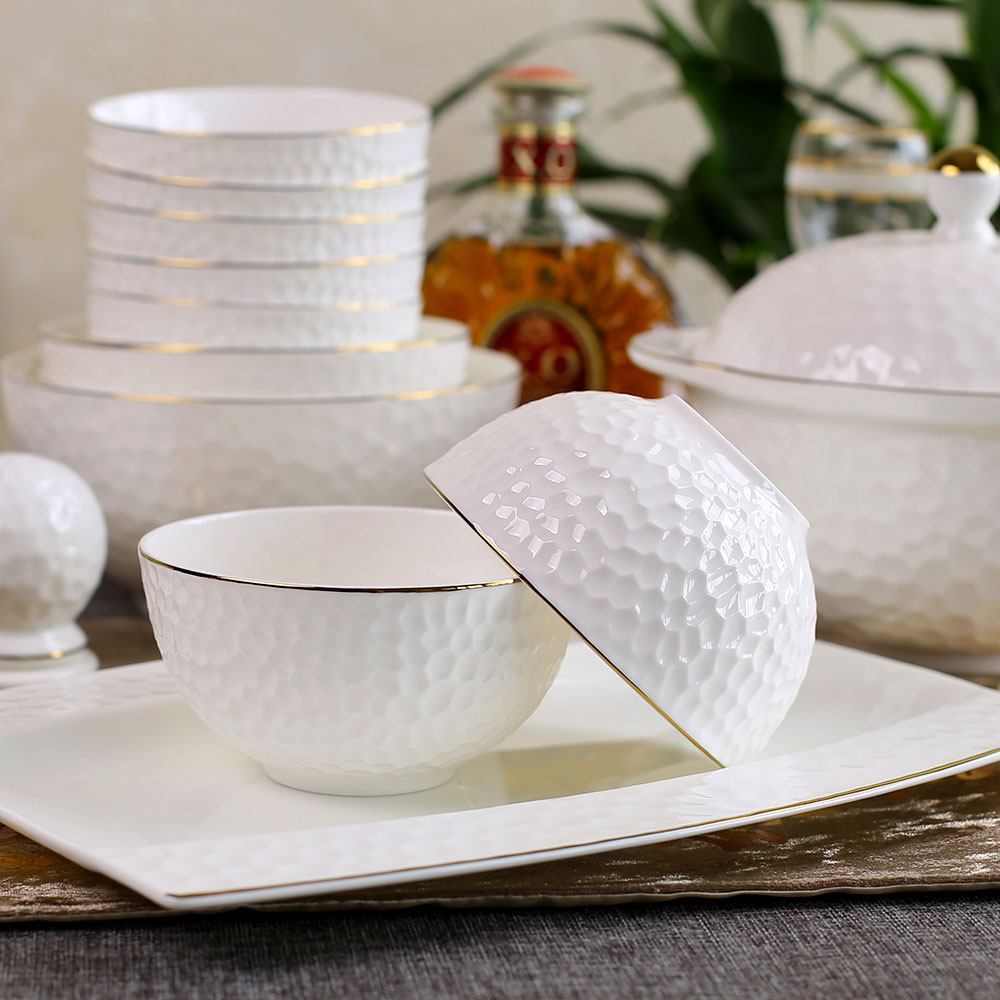 轻奢金边水立方浮雕骨瓷碗碟餐具