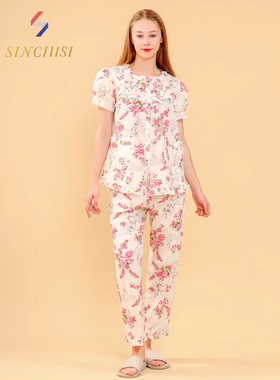 欣琦丝台湾品牌短袖长裤碎花舒适家居服10680