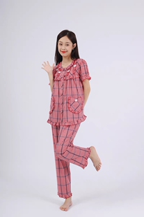 睡衣2221117 长裤 可穿到165斤〉 格子短袖 台湾凯舒娜新款