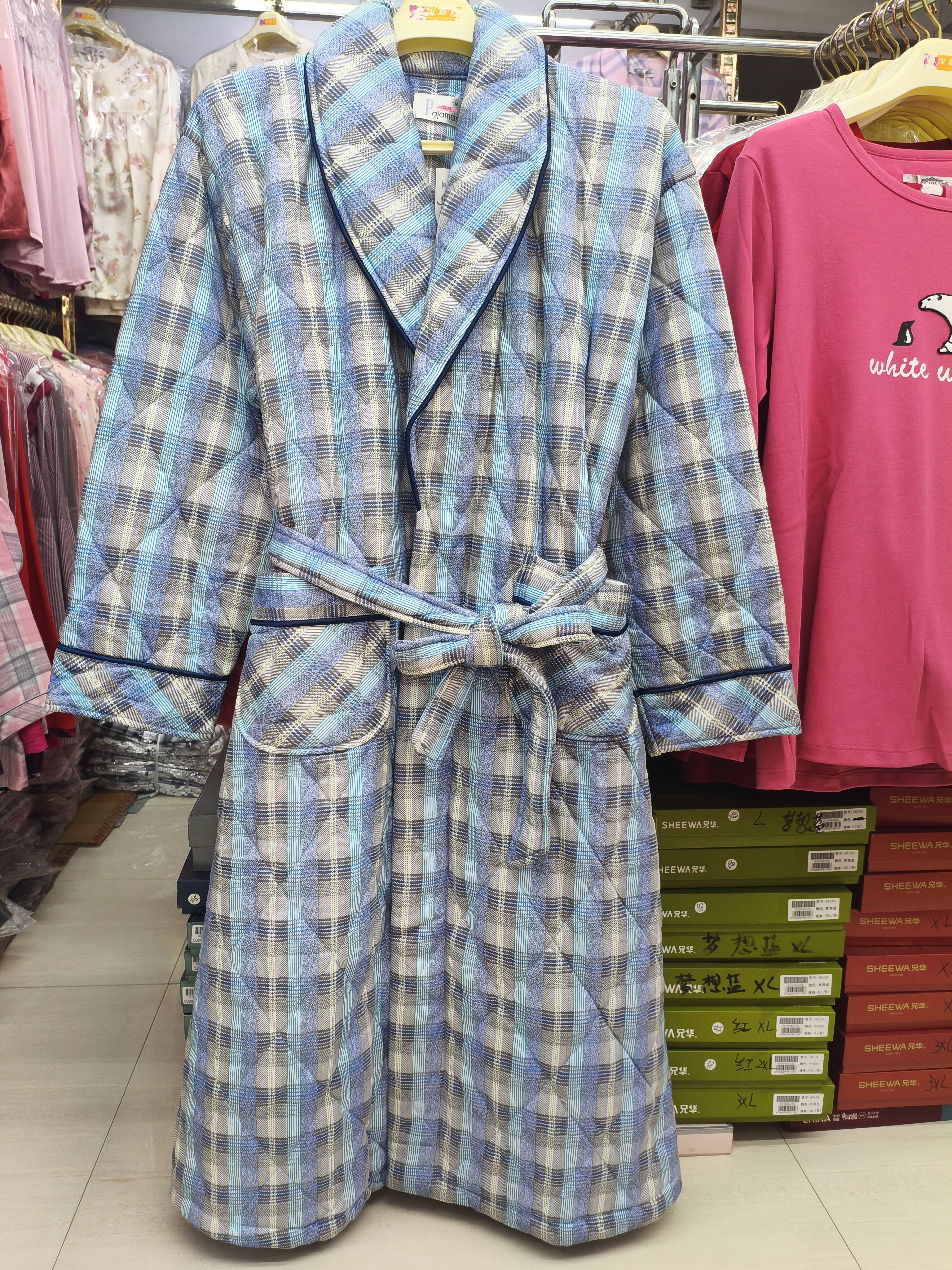 莉安娜男士夹棉格子长睡袍3714109